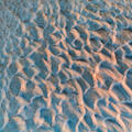 An abstract aerial of rolling Australian sand dunes shaped by light, wind, and shadow.
