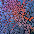 An abstract aerial of colorful cracked earth patterns forming a vibrant natural mosaic.