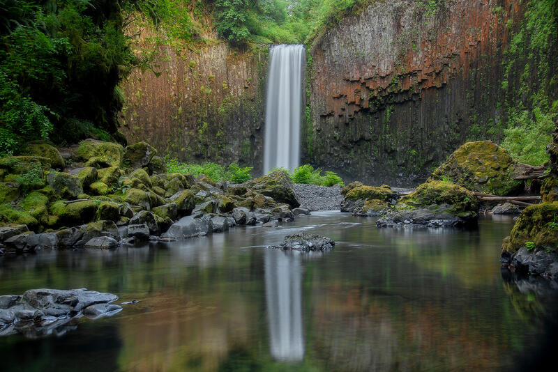A waterfall plummets over a red colored cliff and the scene of it along with the green foliage and mossy rocks is reflected in the still water. 