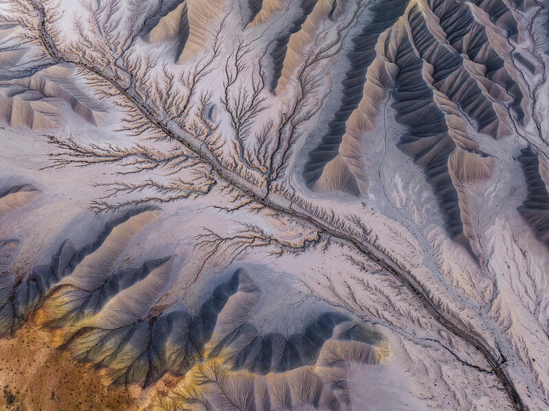 A branching desert wash carves vein-like patterns through pale Utah badlands from above.