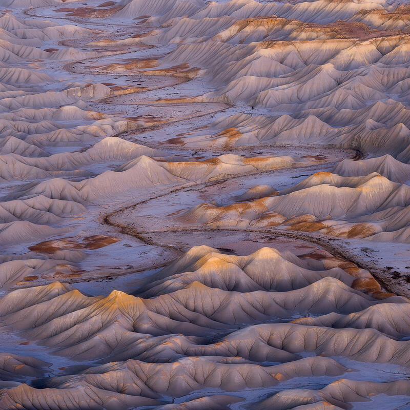 A winding desert wash curves gracefully through softly illuminated Utah badlands.