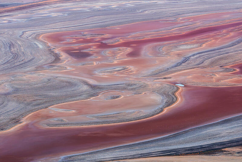 An aerial abstract of pink mineral channels and flowing textures across an Australian salt lake.