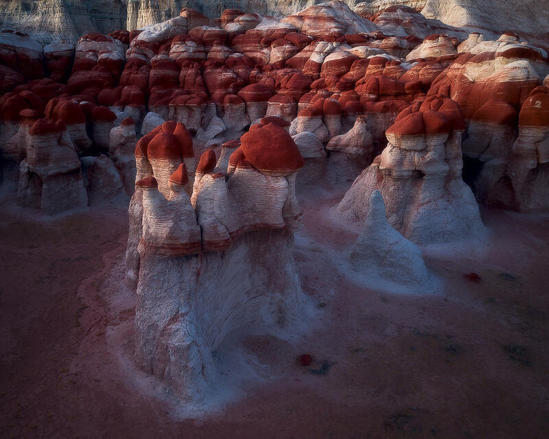 Dense field of red and white hoodoos in colorful Utah badlands.