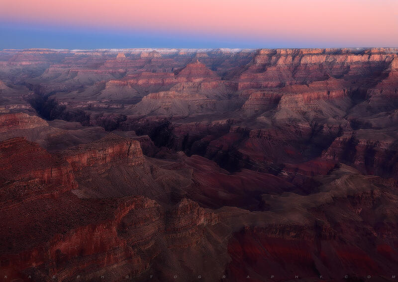 Sunrise in the canyon brings many shades of red, taupe, pink as you can see all the layers in the sandstone walls as the sun just begins to hit them.