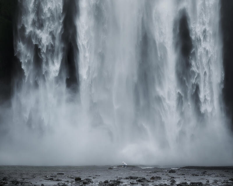 A lone figure beneath Skógafoss reveals the overwhelming scale and power of one of Iceland's greatest waterfalls.