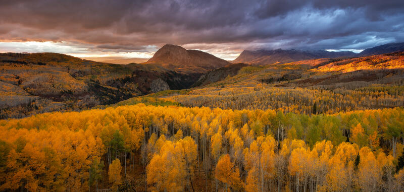 Sunset lights the mountain in the background and the sky up with orange and pinks while the aspen trees in the valley shining bright yellow.