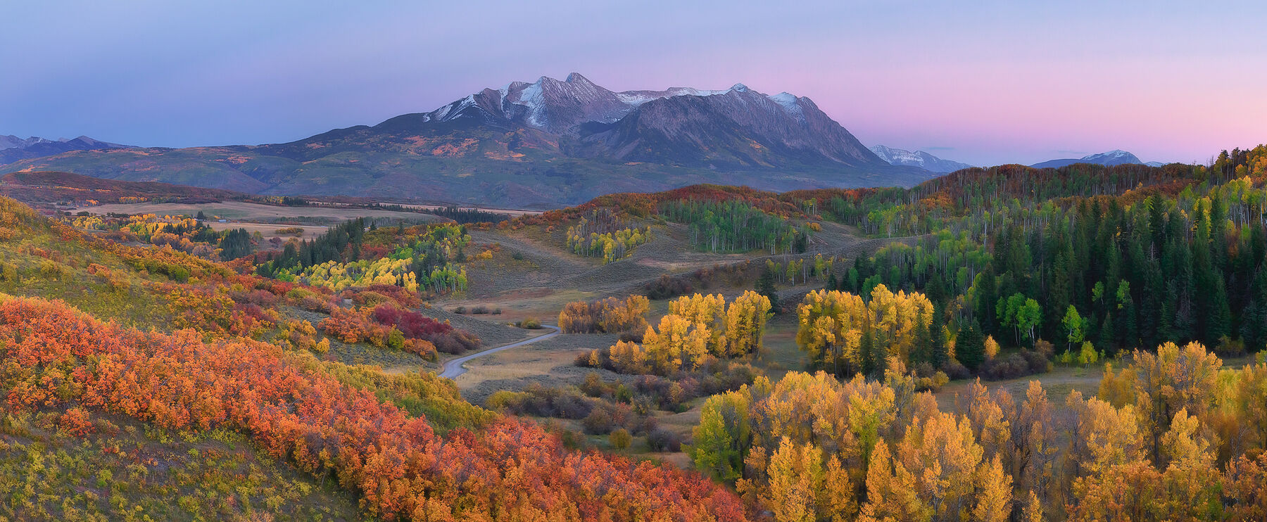 A road winds through the Colorado hillsides of yellow, orange and red fall color trees  with a mountain range in the distance.