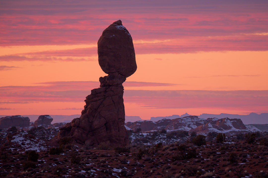 The great Balanced Rock sandstone structure after sunset.