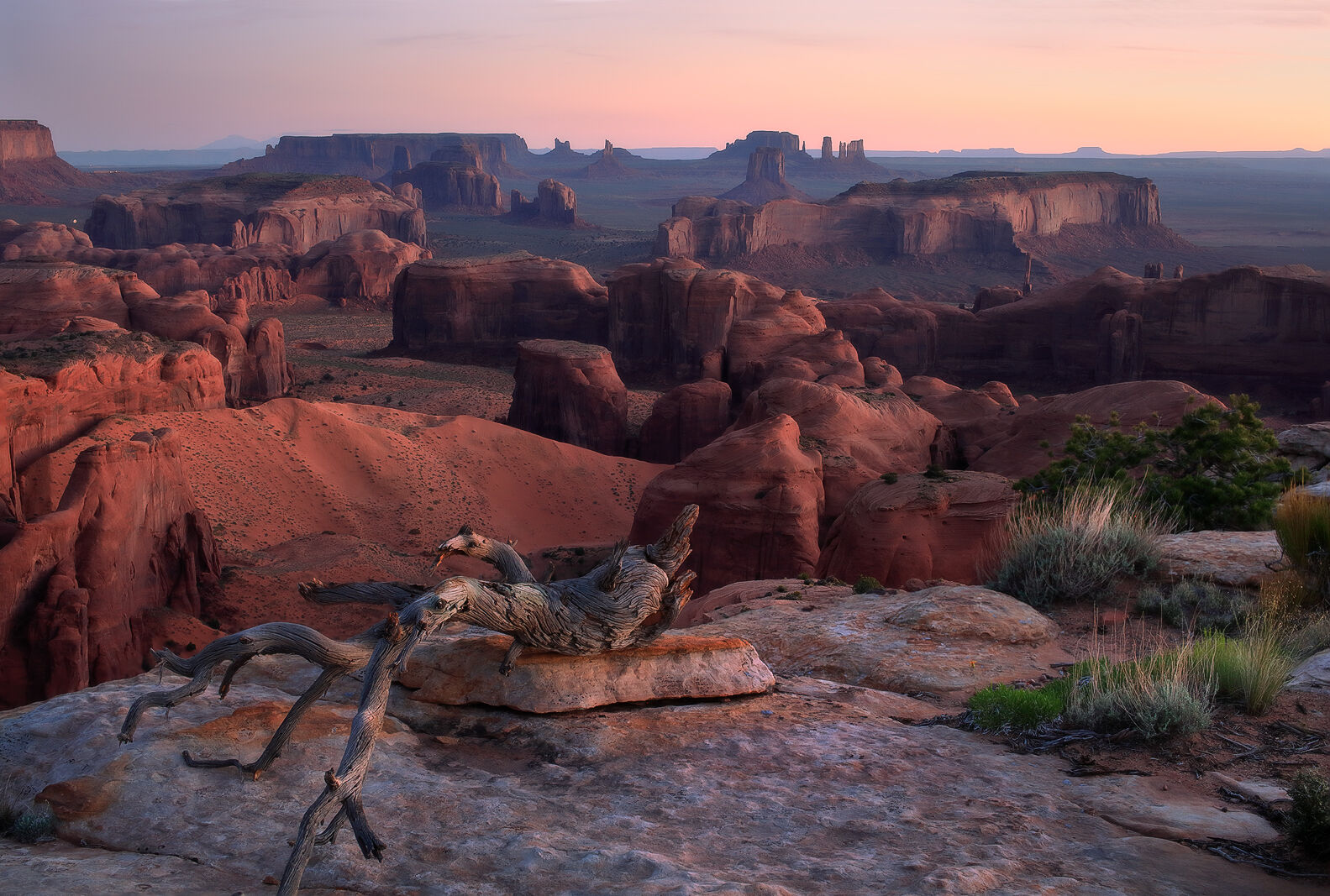 A view of Monument Valley from Hunts Mesa.  Visiting Hunts Mesa requires a Navajo guide.